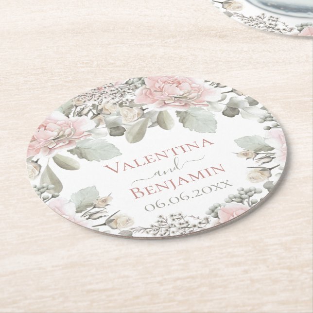Blütenblütenstaubige Rose Aquarell Boho Chic Name Runder Pappuntersetzer (Angewinkelt)