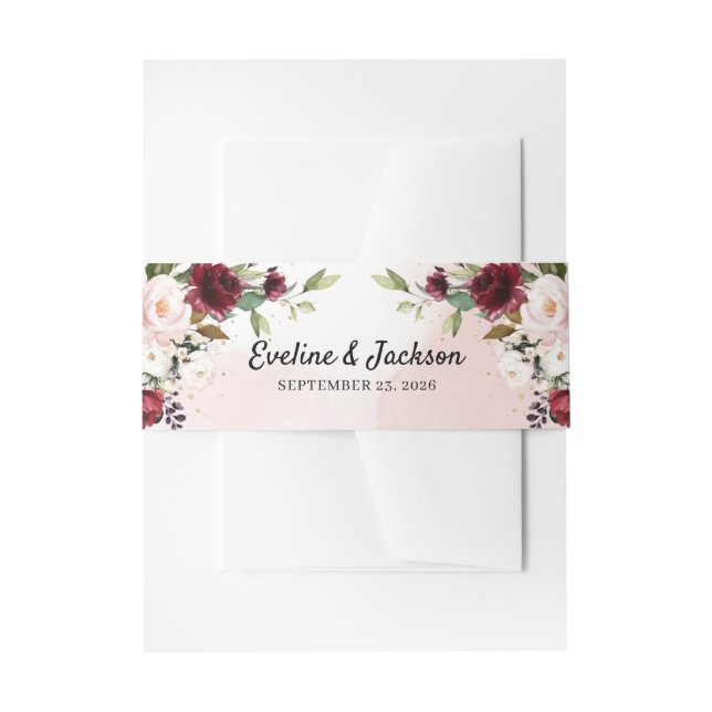 Blütenburgund Blütengoldgrün Hochzeit Einladungsbanderole (Vorderseite Beispiel)