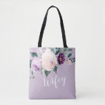 Blutende botanische lila personalisierte weiße Tas Tasche<br><div class="desc">Wasserfarbene botanische Blumen und Grünpflanzen in rot,  pfirsichfarben und lila,  mit weicher Schrift und individuelle Name auf der Rückseite,  elegant und romantisch,  große personalisierte Geschenke für neue Braut.</div>