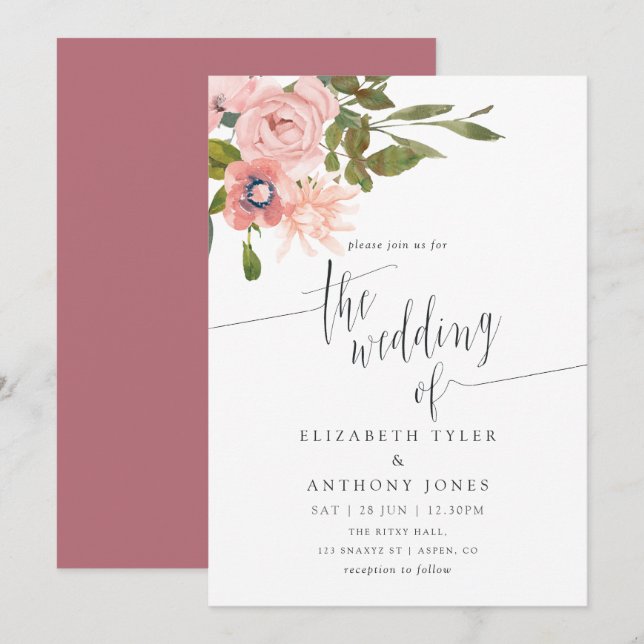 Blütendusche und Rose Hochzeit Wasser Farbe Gold Einladung (Vorne/Hinten)