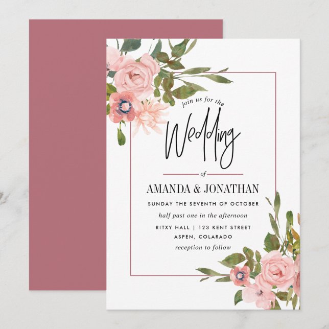 Blütendusche und Rose Hochzeit Wasser Farbe Gold Einladung (Vorne/Hinten)