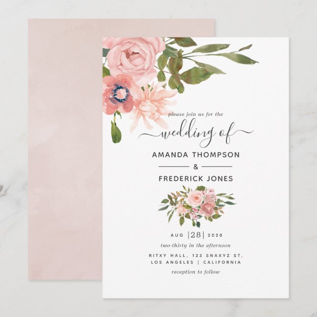 Blütendusche und Rose Hochzeit Wasser Farbe Gold Einladung (Vorne/Hinten)