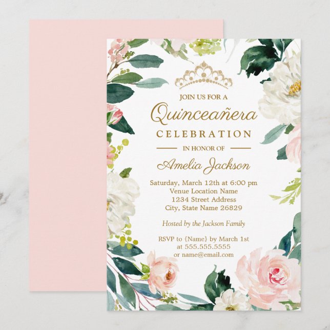 Blütenfarbe Blumenstrauß Quinceanera Einladung (Vorne/Hinten)