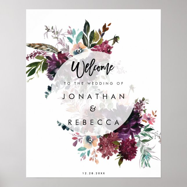 Blütenfeder Hochzeitsempfangsschild Poster (Vorne)