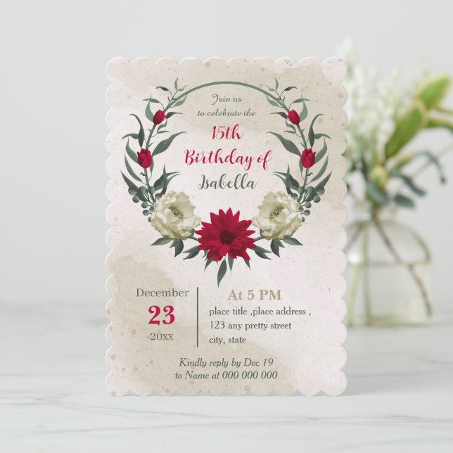 Blütengelbe rote Blumen botanischer Geburtstag Einladung (Stehend Vorderseite)