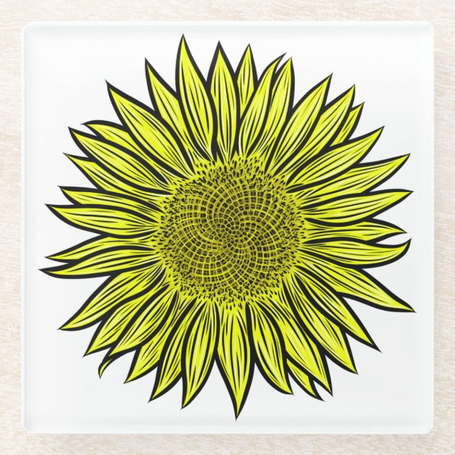 Blütengelbe Sonnenblume Hand gezogen Glasuntersetzer (Vorderseite)