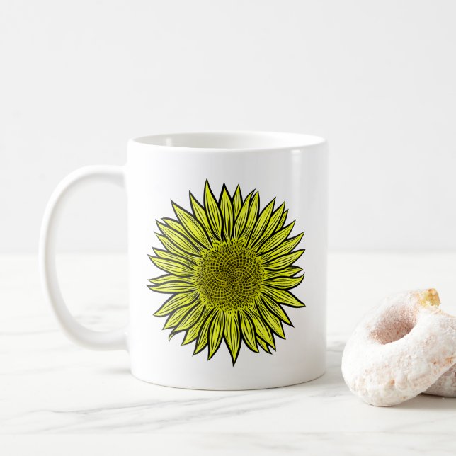 Blütengelbe Sonnenblume Hand gezogen Kaffeetasse (Mit Donut)