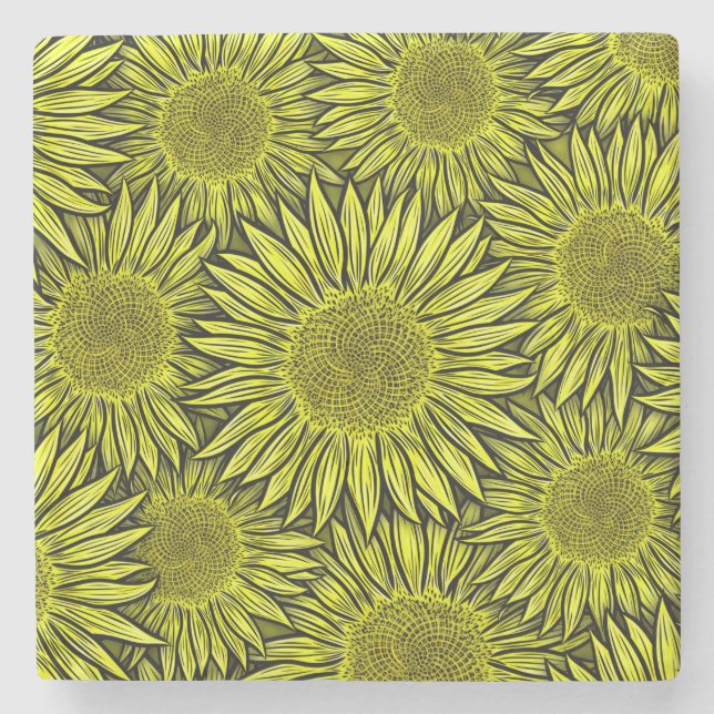 Blütengelbe Sonnenblume Hand gezogen Steinuntersetzer (Vorderseite)