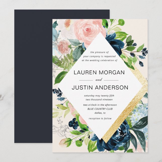 Blütengold-Hochzeitseinladung Einladung (Vorne/Hinten)
