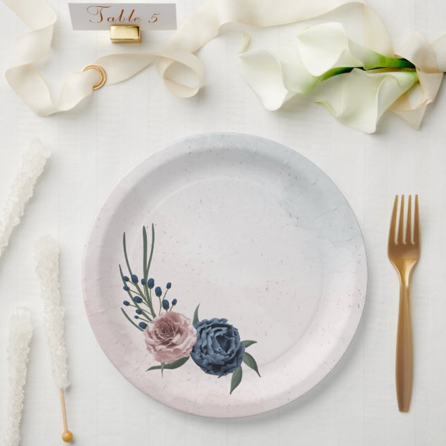 Blütengrün-Hochzeit in rosa staubblauer Marineblau Pappteller (Hochzeit)