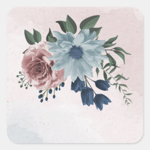 Blütengrün-Hochzeit in rosa staubblauer Marineblau Quadratischer Aufkleber