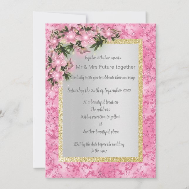 Blütenhochzeit aus rosa Marmor mit rosafarbenem Go Einladung (Vorderseite)