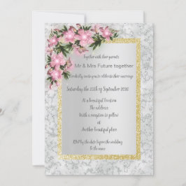 Blütenhochzeit aus Silbermarmor mit rosa Blumengol Einladung