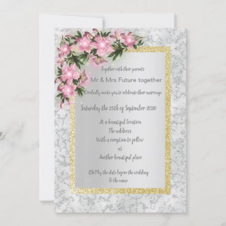 Blütenhochzeit aus Silbermarmor mit rosa Blumengol Einladung