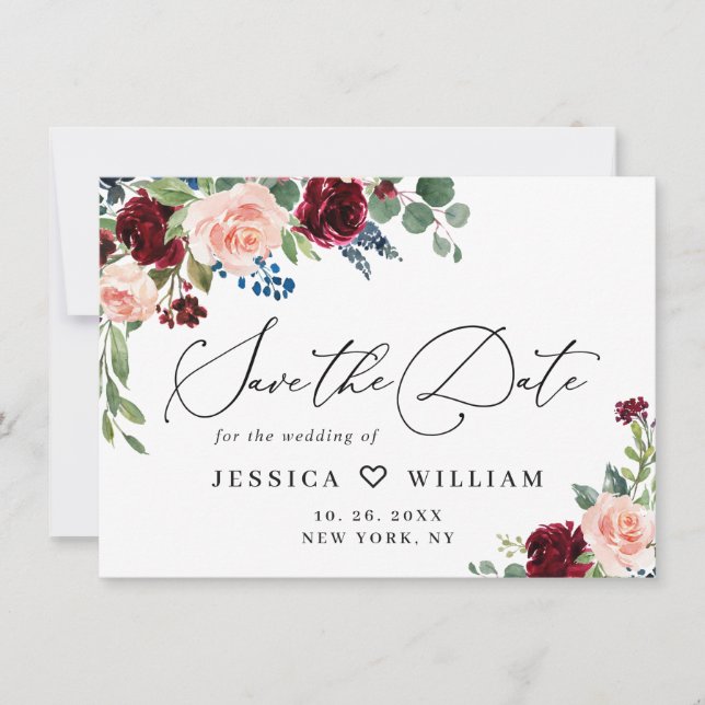 Blütenhochzeit der Rose Burgund Save The Date (Vorderseite)