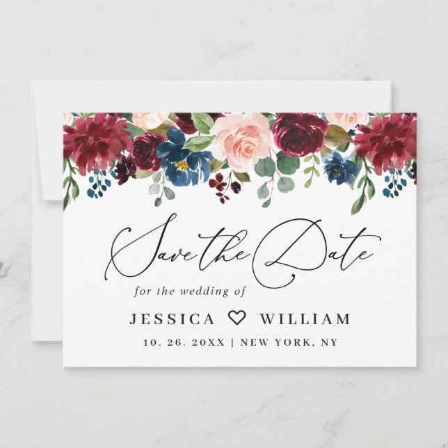 Blütenhochzeit der Rose Burgund Save The Date (Vorderseite)