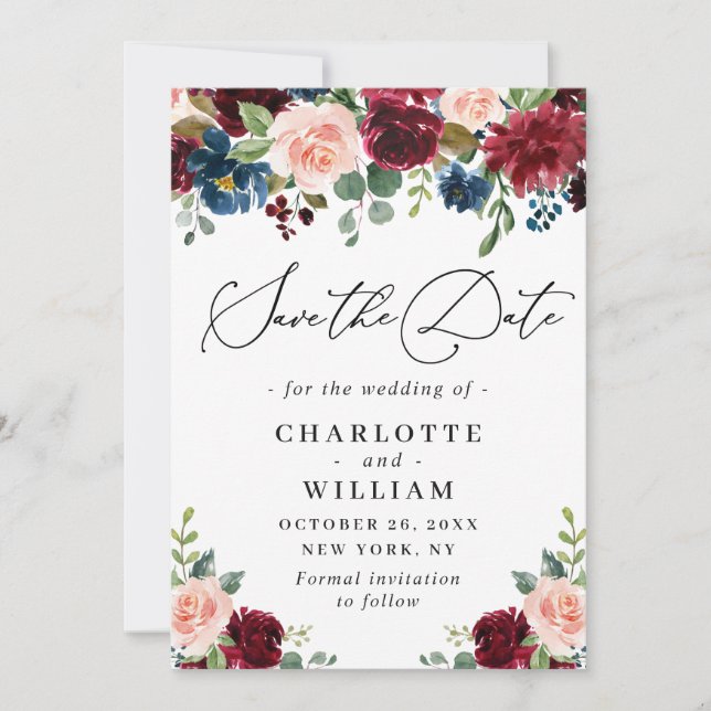 Blütenhochzeit der Rose Burgund Save The Date (Vorderseite)