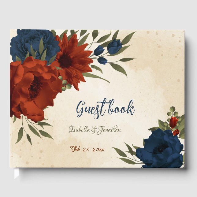 Blütenhochzeit in Orange und Marineblau Gästebuch (Vorderseite)