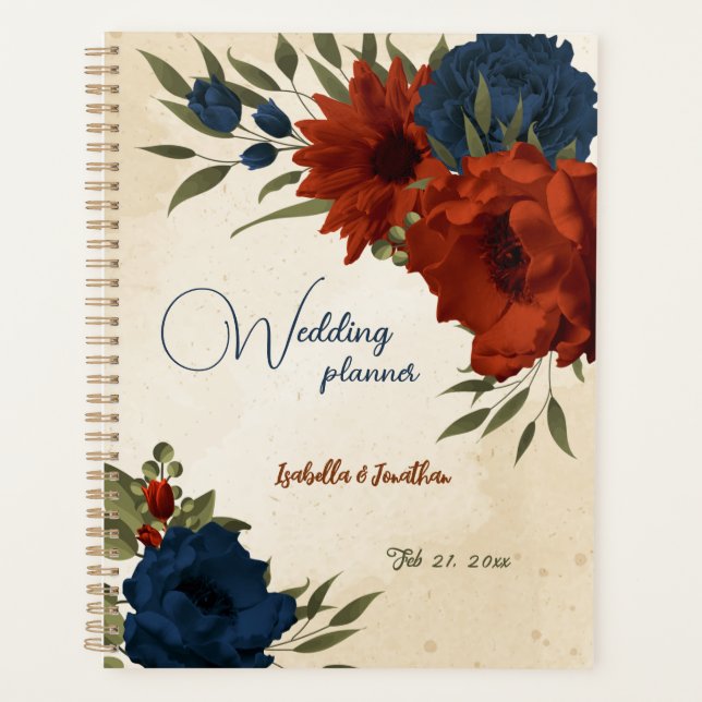 Blütenhochzeit in Orange und Marineblau Planer (Vorderseite)