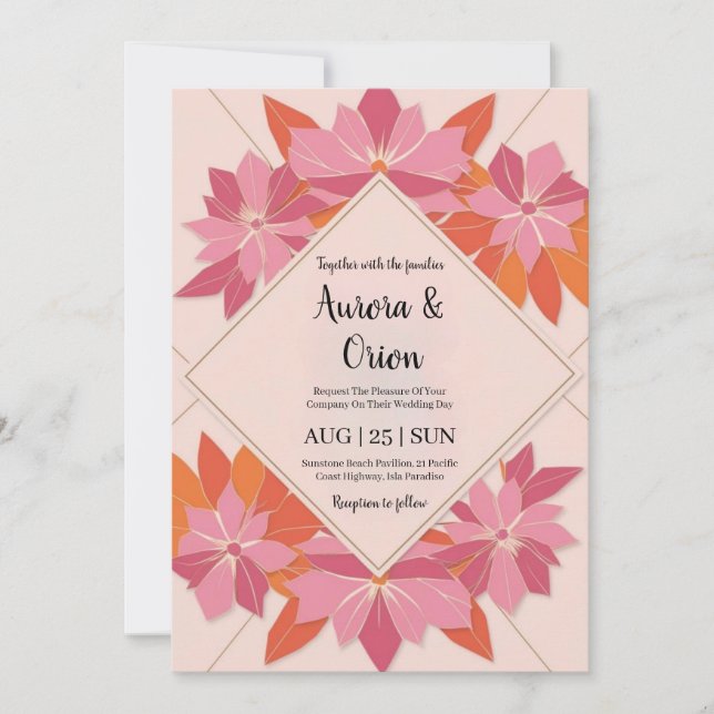 Blütenhochzeit in pink und orange einladung (Vorderseite)