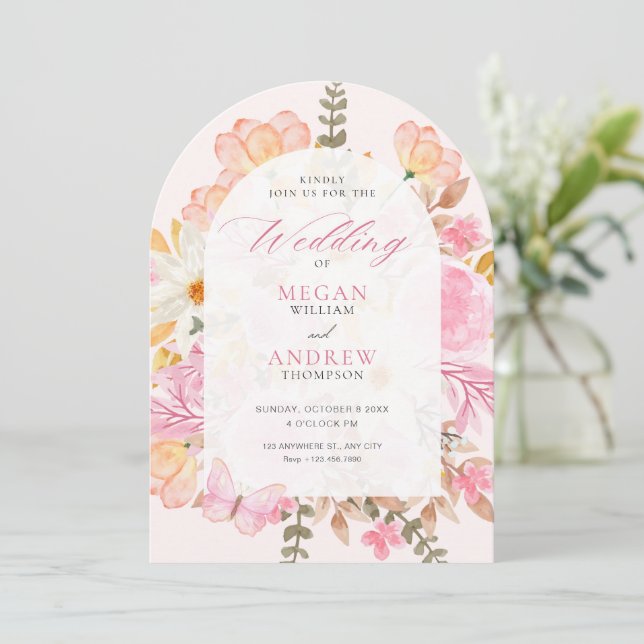 Blütenhochzeit in Rosa Einladung (Stehend Vorderseite)