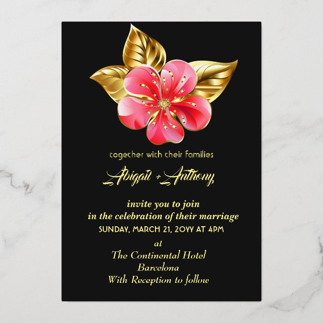 Blütenhochzeit in Rosa und Gold Folieneinladung (Vorderseite)