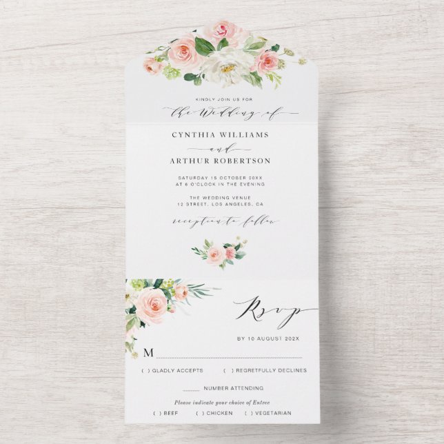 Blütenhochzeit in Rosa und Weiß All In One Einladung (Innen Boden)