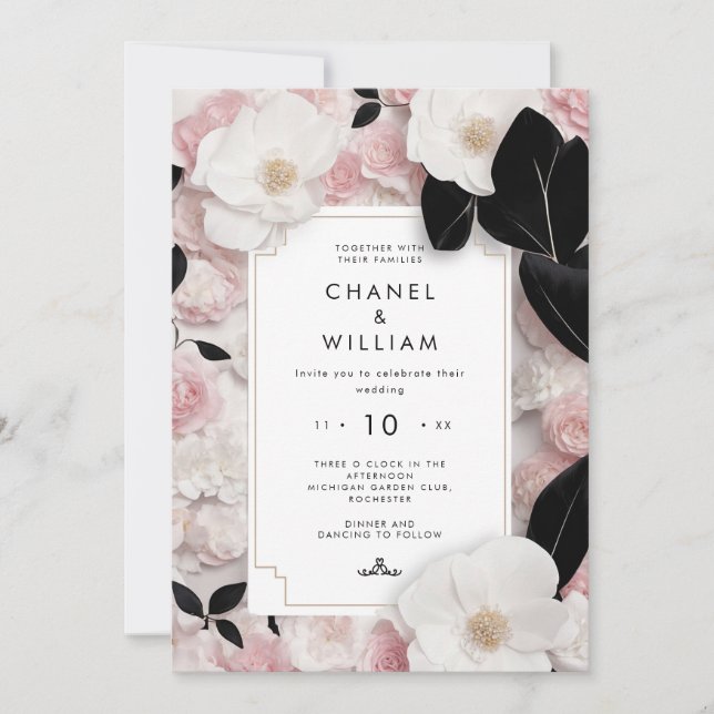 Blütenhochzeit mit Chanel-inspiriert Rosa Einladung (Vorderseite)
