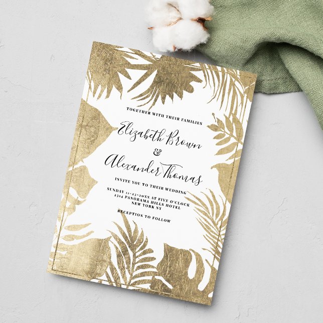 Blütenhochzeit mit weißem Blattgold Einladung (Tropical white gold leaf frame floral wedding)
