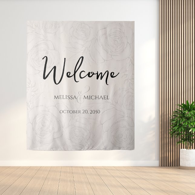Blütenkalligraphie Ampere und Grünpflanzen Wandteppich (Floral Blush elegant Calligraphy Welcome Wedding Backdrop. )