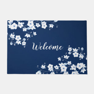 Blütenkirsche Blüten Navy Blauer Weiß Empfang Fußmatte