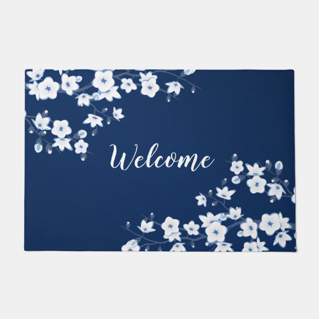 Blütenkirsche Blüten Navy Blauer Weiß Empfang Fußmatte (Vorderseite)