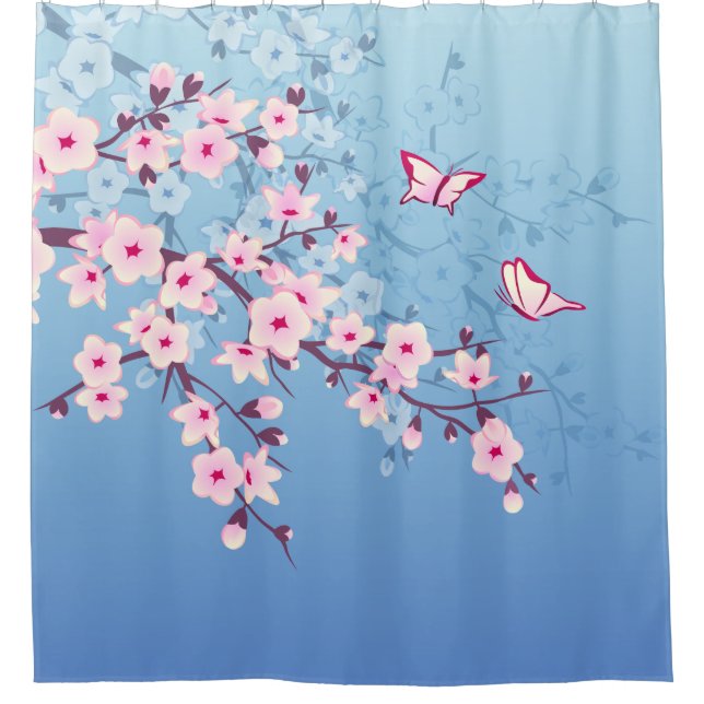 Blütenkirsche Blüten Rosa Blau Duschvorhang (Vorderseite)