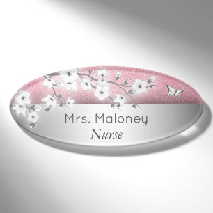 Blütenkirsche Blüten Rosa Glitzer Silber Namenschild
