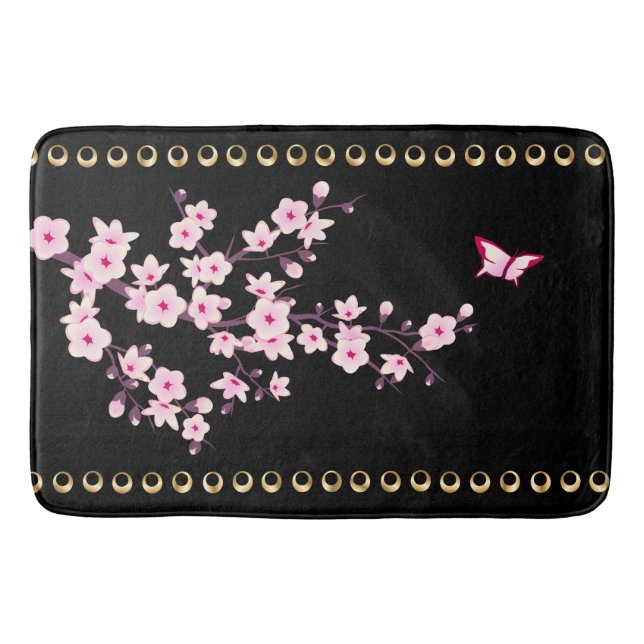 Blütenkirsche Blüten Schwarz Rosa Gold Linien Badematte (Vorderseite)