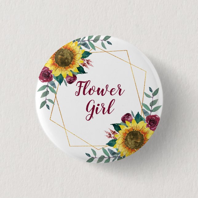 Blütenmädchen Sonnenblumen Geometrisches Burgundy Button (Vorderseite)