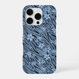 Blütenmuster, blau, Tigermuster iPhone 16 Pro Hülle
