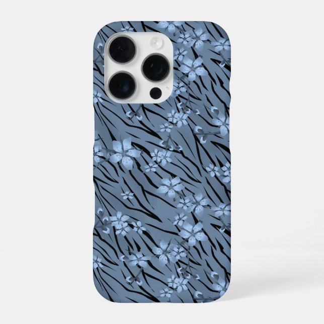 Blütenmuster, blau, Tigermuster iPhone 16 Pro Hülle (Rückseite)