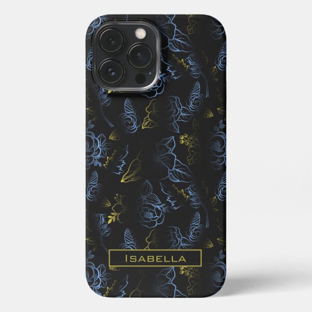 Blütenmuster Blossom, goldblauer personalisierter  iPhone 13 Pro Max Hülle (Rückseite)