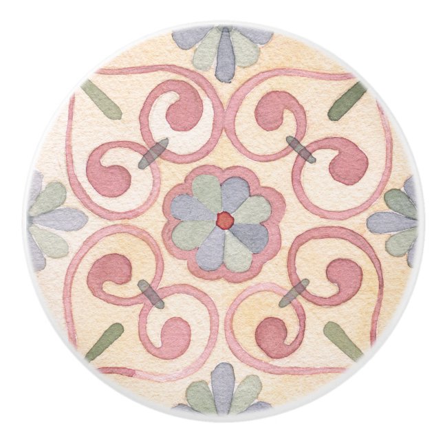 Blütenmuster in Aquarellfarbe Rosa und Blau Keramikknauf (Vorderseite)