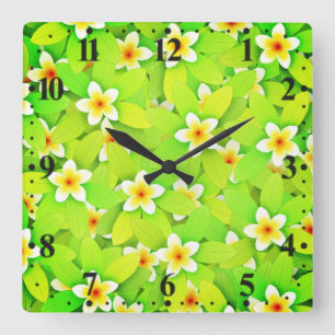 Blütenmuster mit grünen Blättern und gelben Blumen Quadratische Wanduhr