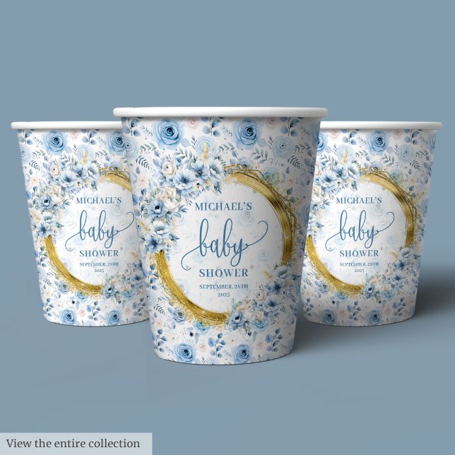 Blütenpastellblüten Goldbaby personalisiert Pappbecher (Dainty pastel blue flowers gold personalized baby Paper Cups)