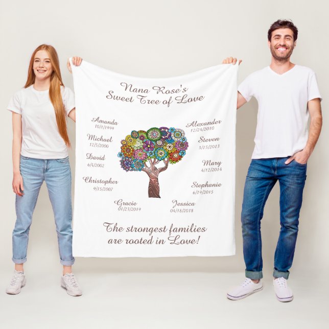 Blütenpflanze Oma, braun auf weißen 10 Namen/Daten Fleecedecke (Beispiel)
