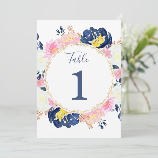 Blütenpink, blau, bläulich, 5"x7"-Tischnummern Einladung (Stehend Vorderseite)