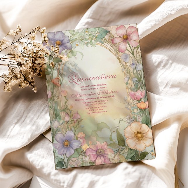 Blütenpink-Flora-Quinceanera-Feier Einladung (Von Creator hochgeladen)