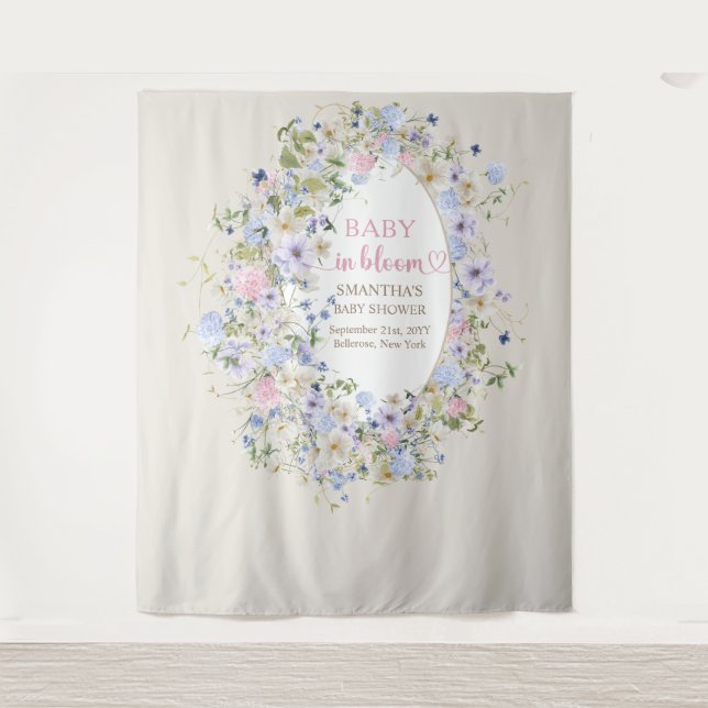 Blütenpinkfarbenes Baby lila-blauer Boho Wildblume Wandteppich (Vorderseite)