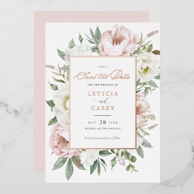 Blütenpinsel Weiße Rose Save the Date Folieneinladung (Vorderseite/Rückseite)