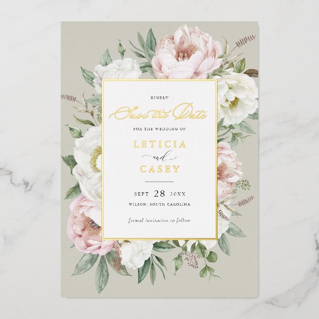 Blütenpinsel Weiße Rose Save the Date Folieneinladung (Vorderseite)