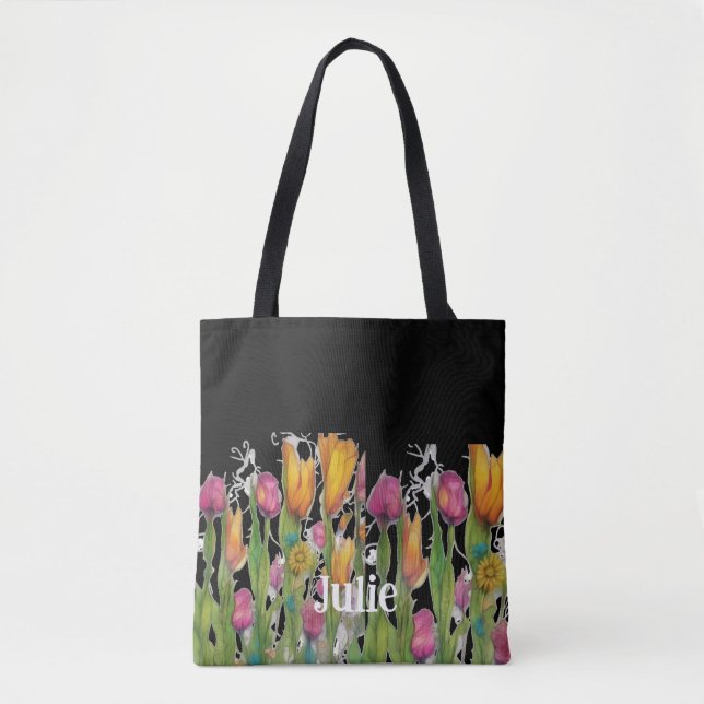 Blütenpracht auf schwarz tasche (Vorderseite)