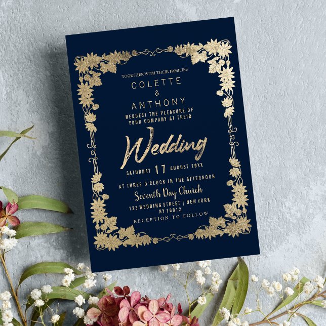 Blütenrahmen mit blauen goldblauen Rahmen Hochzeit Einladung (Classy navy blue gold floral frame border Wedding)